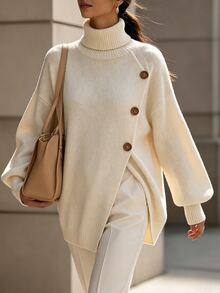 SHEIN Women's High Neck Asymmetrical Button Slit Knit Sweater, Loose Drop Shoulder Long Sleeve Pullover, Elegant Commuter Style, Versatile Knit Top For Autumn/Winter - Apricot - View 5