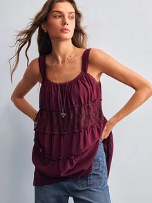 Willow Rêve Women's Lace Patchwork Purple Chiffon Camisole Long Shirt - Purple - View 5