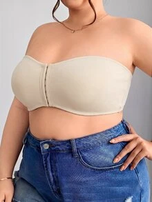 SHEIN CURVE+ 前拉鍊大尺碼收胸加墊內衣背心，Curve Plus，Hoho Vacation - 杏色 - 查看 5