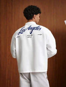 TOKVUE Men's White Base Blue Logo Letter Long Sleeve Shirt, Basic Shirt - White - View 1