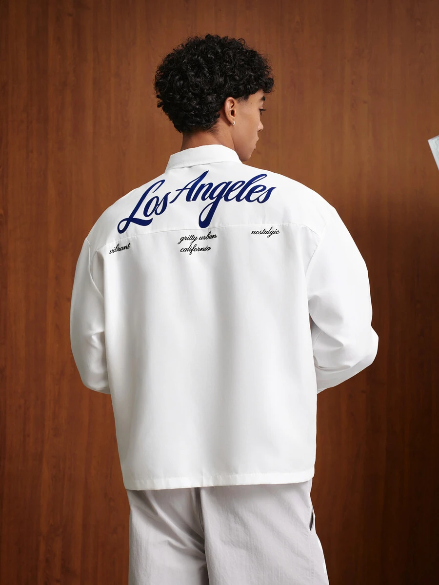 TOKVUE Men's White Base Blue Logo Letter Long Sleeve Shirt, Basic Shirt - White - View 1