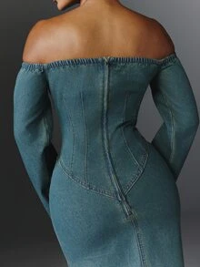 NYA SZN Denim Dress Maxi Cold Shoulder Long Sleeve Holiday Festival Special Occasion Everyday Casual Work Concert Going Out Club Party Medium Wash Fall Winter - Dark Wash - View 6