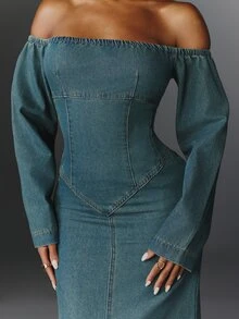 NYA SZN Denim Dress Maxi Cold Shoulder Long Sleeve Holiday Festival Special Occasion Everyday Casual Work Concert Going Out Club Party Medium Wash Fall Winter - Dark Wash - View 2