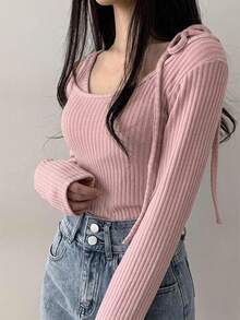 DAZY 女款繫帶式不對稱肩 2 合 1 T恤 - 紅色 - 查看 3