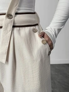 Elenzga Plus Size Colorblock Woven Wide Leg Overalls With Wide Strap, Button Detail At Waist Connection, Fashionable Retro Casual Commute Vacation Pastoral Style Jumpsuit - Apricot - View 4
