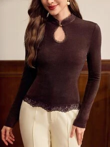 Vintamour Women's Brown Fitted Elegant Top With Stand Collar And Keyhole Neckline - Coffee Brown - View 8
