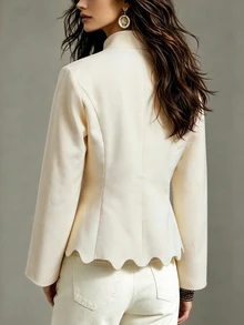 LUMIGAL / Women New Chinese Style Wool Blend Jacket, Stand Collar Frog Buttons Slim Fit Short Coat, Wave Hem - Beige - View 2