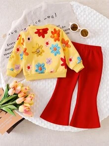 SHEIN Playful Pals 2件組女嬰休閒時尚簡約甜美橘色與紅色3D仿刺繡花卉印花圓領衛衣與純色喇叭褲套裝，適合秋冬日常戶外穿著，百搭百搭時尚 - 彩色 - 查看 2