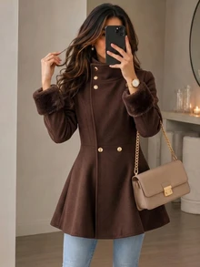 Yalmera Women's Autumn/Winter Patchwork Fur Cuff Stand Collar Elegant Overcoat - Brown - View 13