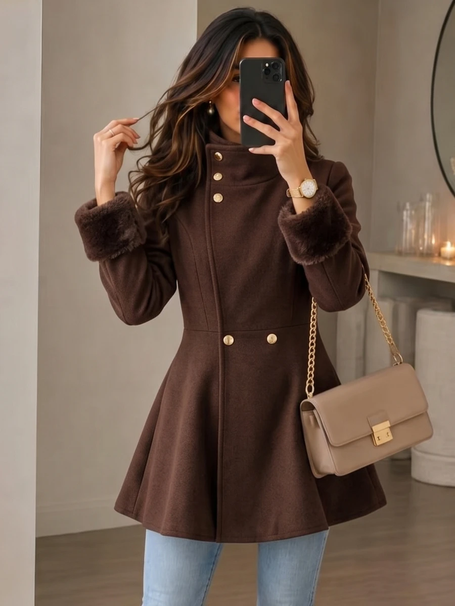 Yalmera Women's Autumn/Winter Patchwork Fur Cuff Stand Collar Elegant Overcoat - Brown - View 1
