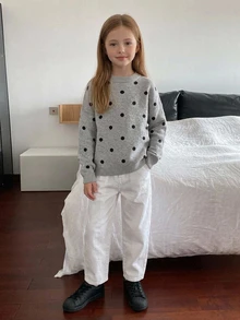 DAZY Tween Girl) Polka Dot Casual Cute Minimalist Crew Neck Pullover Basic Layering Thick Sweater, Autumn/Winter - Light Grey - View 6