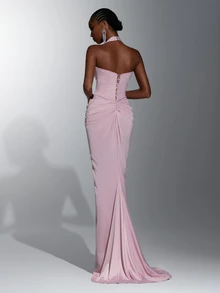 Elitara Gaun Malam Model Duyung Elegan Berwarna Merah Muda Pucat dengan Leher V Dalam, Bagian Dada dan Pinggang Berkerut, Gaun Formal Panjang Hingga Lantai untuk Pernikahan, Pesta Gala, dan Pesta Koktail - Dusty Pink - View 2