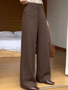 DAZY 秋冬高腰咖啡色極簡直筒寬鬆垂墜休閒通勤百搭日常女款長褲 - 咖啡棕 - 查看 3