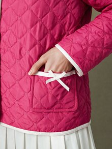 Elnivra Women's Bowknot Decor Patch Design Quilted Single-Breasted Casual Thin Jacket - Pink - View 3
