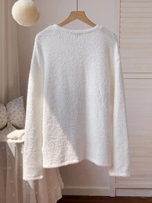 Comfortcana Women's Cartoon Cat Print Crew Neck Long Sleeve Casual T-Shirt - White - View 2