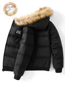 SHEIN 青少年男孩休閒黑色連帽棉質外套，飾有毛邊與小標籤，適合秋冬返校季 - 黑色 - 查看 5