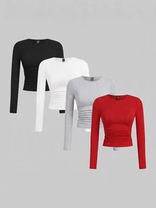 SHEIN EZwear 多色針織女款修身T恤 - 紅色 - 查看 1