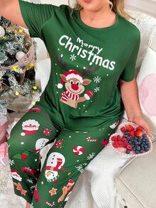 Slumberry CURVE Plus Size Women's Cartoon Print Short Sleeve Top And Long Pants Casual Daily Home Sleepwear Set - Green - View 3