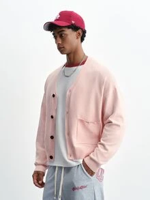 TOKVUE Men's Solid Color Long Sleeve Single-Breasted Casual Pocket Knit Cardigan - Pink - View 3