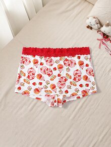 Strawberry Shortcake X SHEIN Plus Size Women's Cartoon Print Waist Contrast Lace Panties - Red - View 1