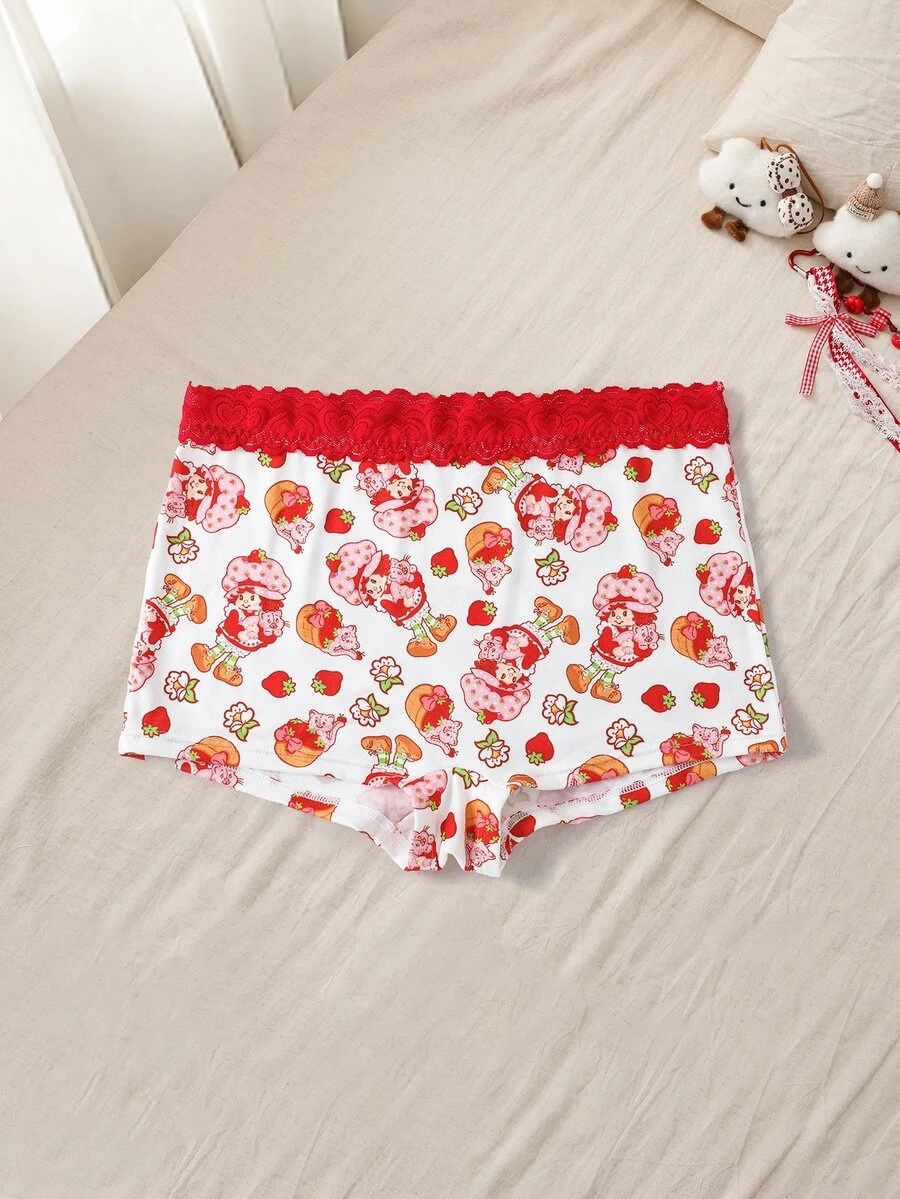Strawberry Shortcake X SHEIN Plus Size Women's Cartoon Print Waist Contrast Lace Panties - Red - View 1