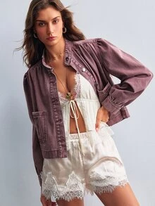 Willow Rêve Women's Solid Color Single-Breasted Long Sleeve Denim Jacket With Pockets, Versatile - Rust Brown - View 4