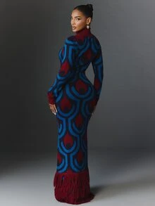 NYA SZN Knit Dress Maxi Retro Long Sleeve Color Block Holiday Festival Special Occasion Everyday Casual Work Concert Going Out Club Party Blue Fall Winter - Multicolor - View 2