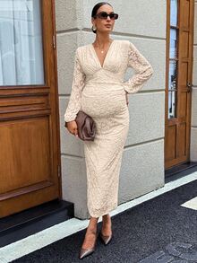 MaterniWear 孕婦深V領燈籠袖抓皺修身優雅洋裝 - 杏色 - 查看 4