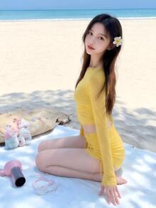 Livesso Set Bikini Halter Warna Polos Wanita dengan Penutup Lengan Panjang dan Rok, Perlindungan Matahari Musim Panas - Kuning - View 6