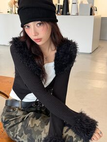 K-Vae Women's Autumn/Winter Black Jacket, Fur Collar Knitted Slim Fit Coat - Black - View 4