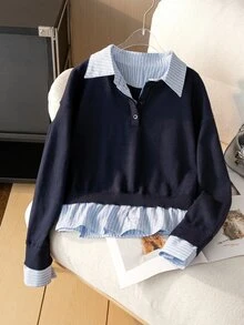 SHEIN 8-12歲女童海軍藍假兩件式針織毛衣，搭配藍白條紋襯衫領，落肩半開鈕扣前襟短版套頭上衣，學院風休閒上衣，適合春秋穿著 - 藏蓝色 - 查看 3