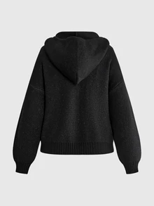 ROMWE Dark Gothic Christmas Plus Size Women's Hooded Knit Cardigan, Skeleton Heart Pattern Plush Collar Zipper Design, Punk Music Festival Sweater Jacket - Black - View 2