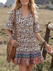 Wildy BOHO 熱帶休閒西式鄉村遊牧風女款夏季日常基礎穿搭短袖印花短洋裝 米色 野餐度假 - 藍色 - 查看 4