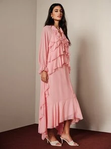 BELROSIE Women's Dress Loose Long Fit Chiffon V-Neck Multi-Layer Ruffles Asymmetrical Hem Elastic Cuffs Elegant Romantic Soft Pink Solid Party Tea Party Date Fall - Pink - View 4