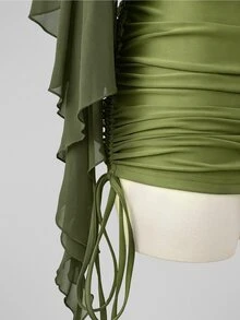 Sunspun Plus Size Spring/Summer Sheer Top & Fitted Drawstring Cami Dress 2 Pieces Set - Army Green - View 3