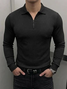 DAZY 男士長袖黑色 Polo 領修身通勤針織上衣，彈性面料，春秋款 - 黑色 - 查看 4