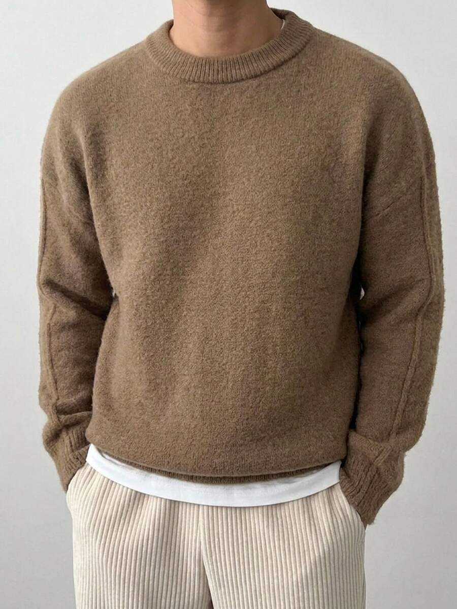 DAZY Brown Solid Color Round Neck Long Sleeve Ribbed Cuff & Hem Men's Autumn/Winter Korean Style Sweater - Rust Brown - View 1