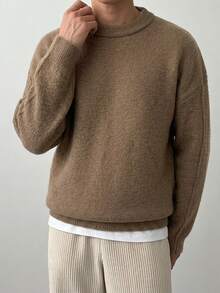 DAZY 棕色素色圓領長袖羅紋袖口與下擺男士秋冬韓風毛衣 - 鏽棕色 - 查看 3