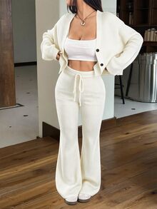 SHEIN EZwear 2件組女款休閒純色寬肩帶開襟衫與抽繩腰寬腿褲套裝，秋季/旅行黑色 - 杏色 - 查看 6