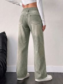 Rivivi Petite Women's Fashion Folded Waist Button Pocket Loose Denim Jeans - Green - View 2
