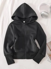 SHEIN 女童休閒連帽拉鍊運動衫與運動上衣，附袋鼠口袋、長袖羅紋袖口，寬鬆舒適版型，柔軟親膚面料，休閒貼身輪廓，適合日常外出、購物、通勤，極簡純色百搭 - 深灰色 - 查看 1