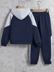 SHEIN 2件組兒童青少年男孩休閒運動日常百搭舒適拼色落肩袖連帽寬鬆套頭衛衣長袖運動外套收口寬鬆運動長褲針織運動套裝，適合日常穿著、上學、旅行、運動，秋冬款 - 藏蓝色 - 查看 3