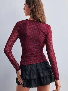 Willow Rêve Women's Deep Red V-Neck Long Sleeve Lace Top - Red Violet - View 2