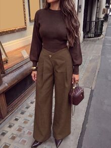 Allurite Women's Solid Color Asymmetric Waist Pleated Wide Leg Elegant Long Pants - Brown - View 4