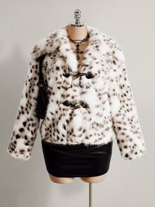 SHEIN ICON Plus Size Women's Leopard Print Casual Versatile Faux Fur Coat - Black and White - View 2