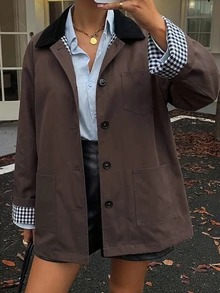DAZY Women's Casual Colorblock Trench Coat, Regular Fit Autumn Jacket - Brown - View 4
