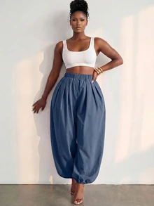 BamGlimmer Women's Designer Pleated Loose Fit Pants With Pockets - Navy Blue - View 5