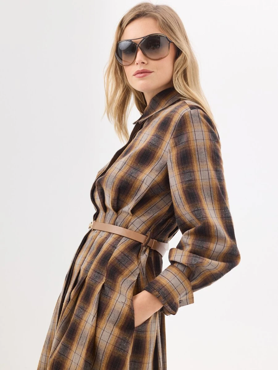 KÆRIA Hus Long Sleeve Belted Midi Shirt Dress - Peached Shirting - Brown Plaid , Button Up, Western