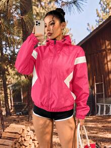 Exploreva Exploreva Women's Striped Colorblock Zip-Up Hooded Sports Jacket - Watermelon Pink - View 1