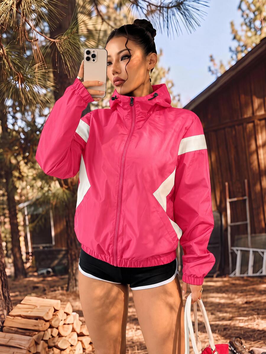 Exploreva Exploreva Women's Striped Colorblock Zip-Up Hooded Sports Jacket - Watermelon Pink - View 1
